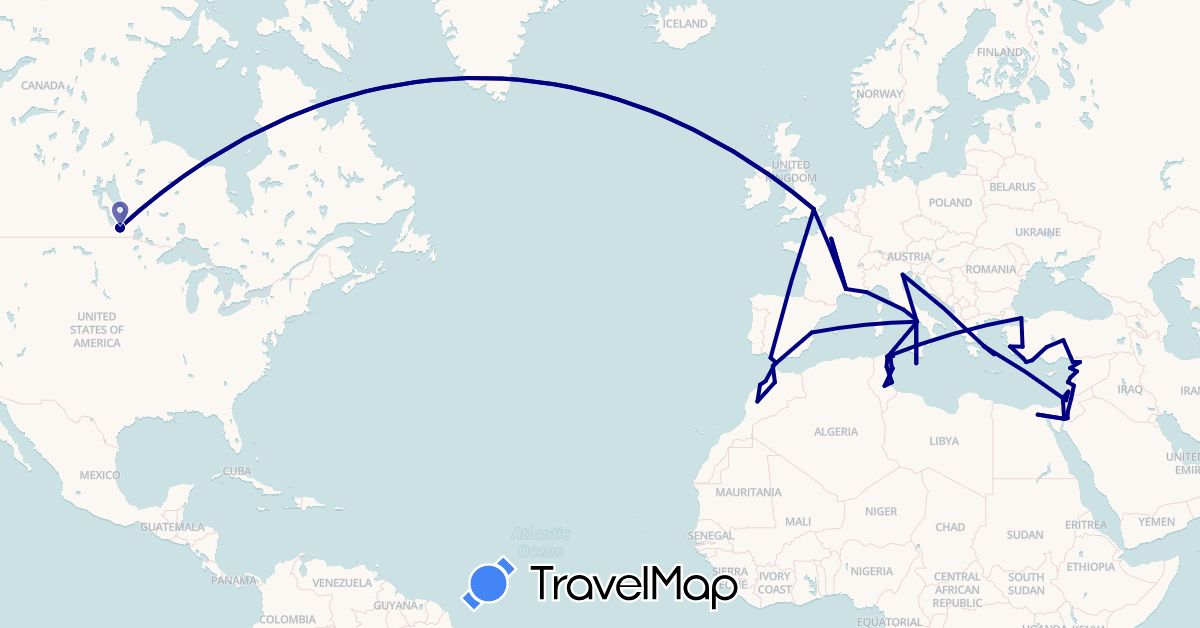 TravelMap itinerary: driving in Canada, Egypt, Spain, France, United Kingdom, Gibraltar, Greece, Israel, Italy, Jordan, Lebanon, Morocco, Malta, Syria, Tunisia, Turkey (Africa, Asia, Europe, North America)